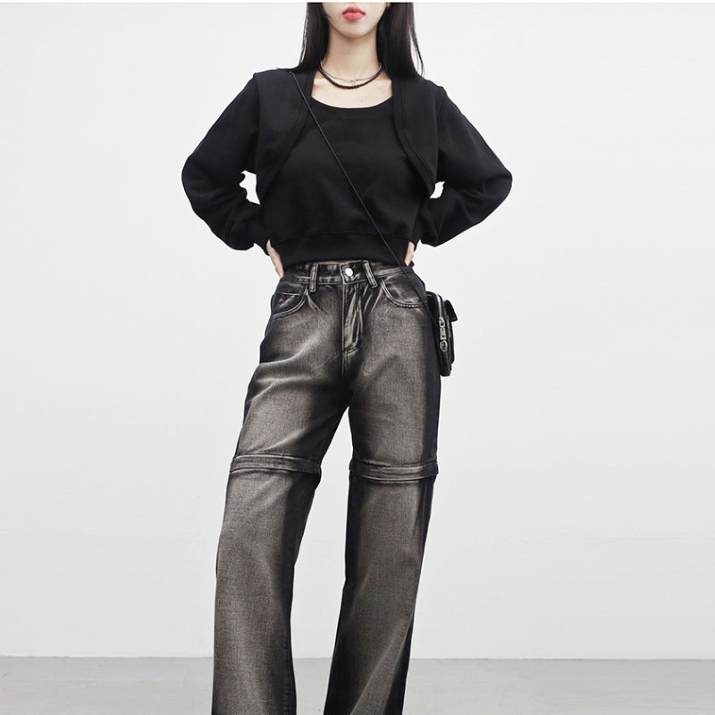 Damen Cropped Sweatjacke Weich Ärmel Schwarz Eveloria - Eveloria
