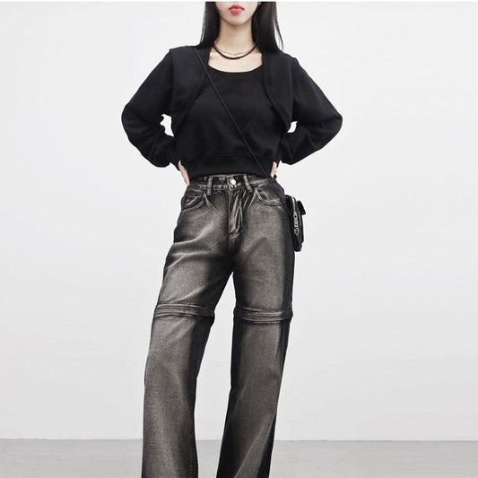 Damen Cropped Sweatjacke Weich Ärmel Schwarz Eveloria - Eveloria