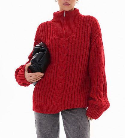 Damen Grobstrickpullover Zip-Kragen Zopf-Design Eveloria
