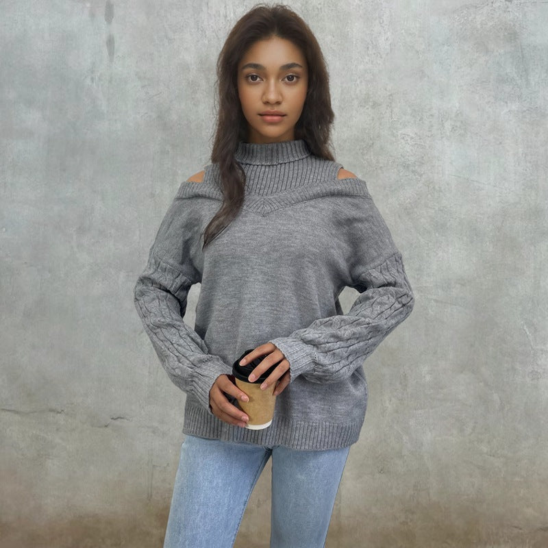 Damen Pullover Schulterfrei Zopfmuster Eveloria