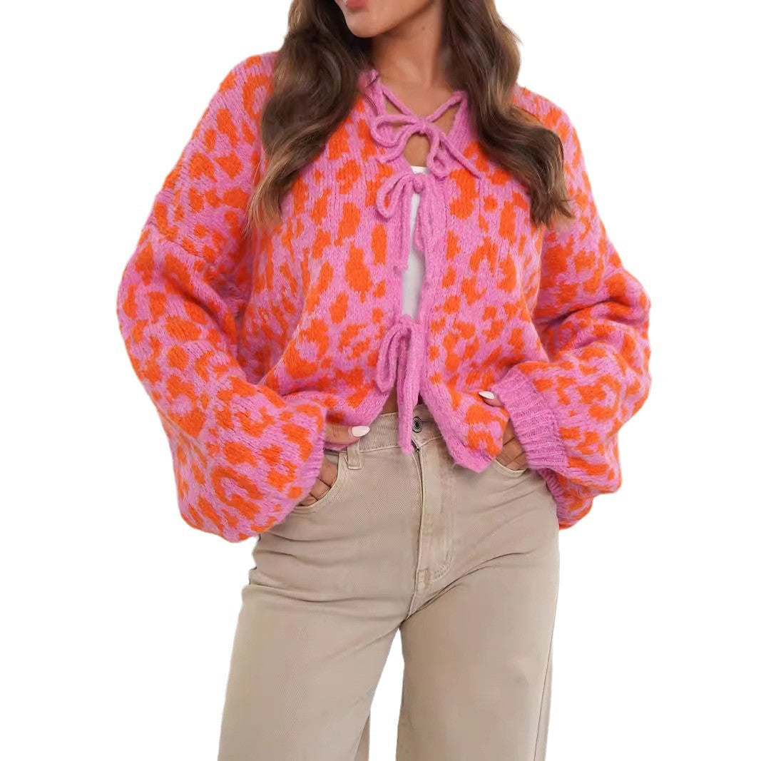 Damen Cardigan Tiermuster Elegant Bindebanddetails
