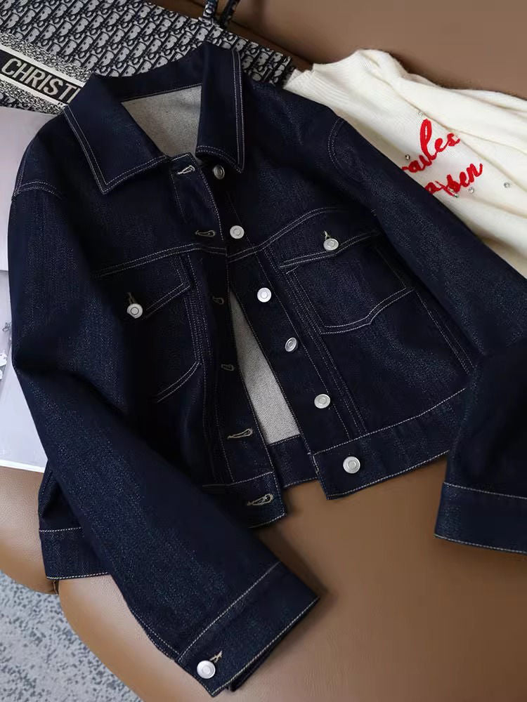 Damen Denimjacke Modisch Dekorative Taschen Blau