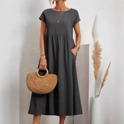 Eveloria Damen Midi-Kleid Ballonärmel mit Taschen