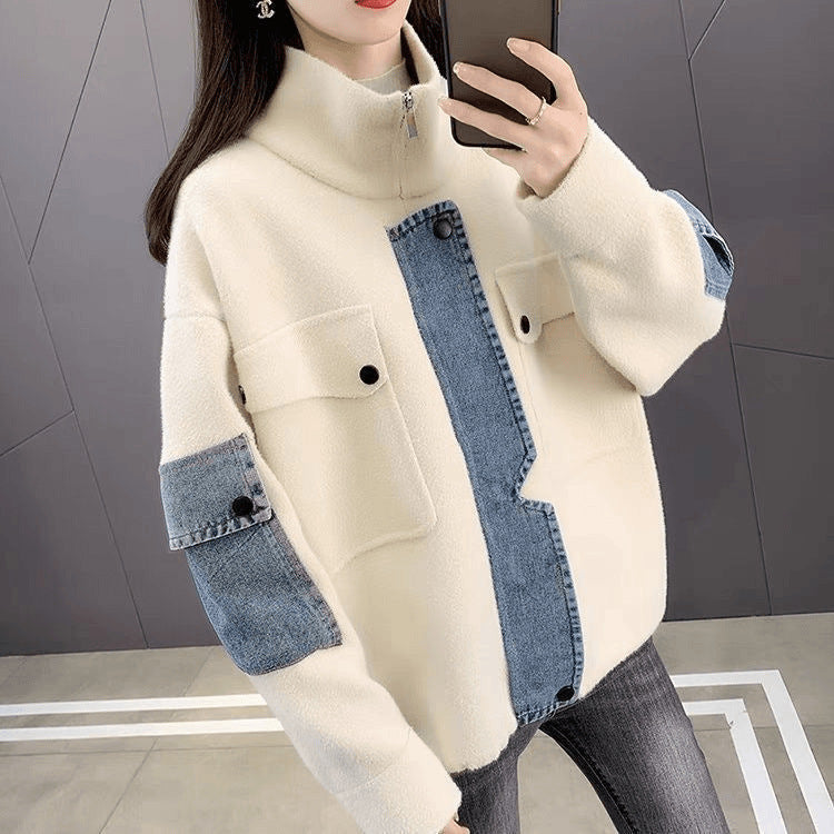 Damen Übergangsjacke Denim Detail Hochkragen Blau Eveloria