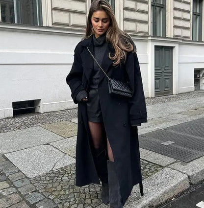 Damen Long-Trenchcoat Stehkragen Strukturiert Eveloria