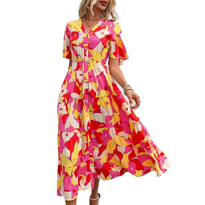 Damen Maxikleid Blumenmuster Knöpfe Rüschen Eveloria