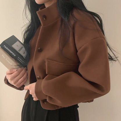 Damen Wolljacke Oversized Lässige Taschen Braun