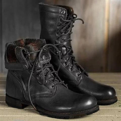 Eveloria Damen Schnürstiefel Leder Runde Zehe Robust Mittelhohes
