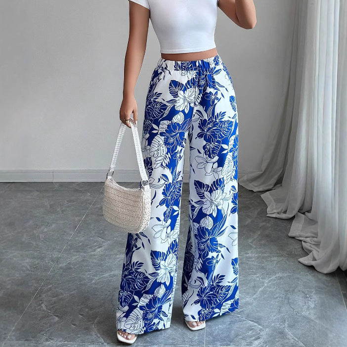 Damen Palazzohose Hochtailliert Floralmuster Seitentaschen Eveloria