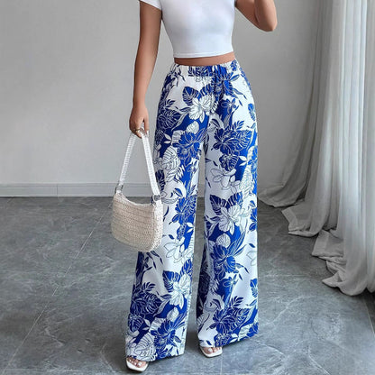 Damen Palazzohose Hochtailliert Floralmuster Seitentaschen Eveloria