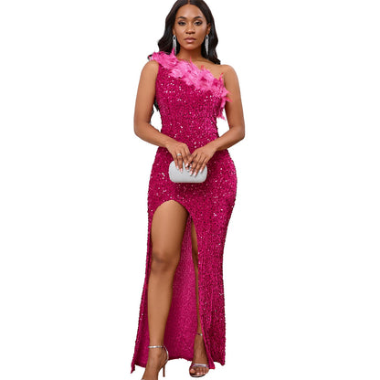 Damen Abendkleid Glitzernd Asymmetrisch Pailletten