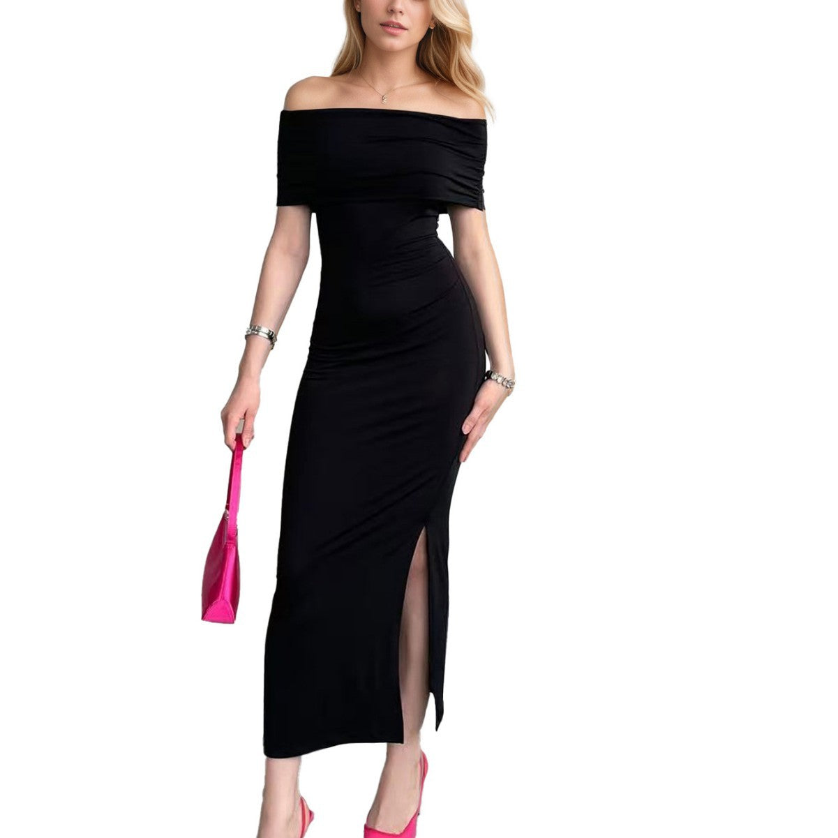 Damen Maxikleid Schulterfrei mit Schlitz Eveloria