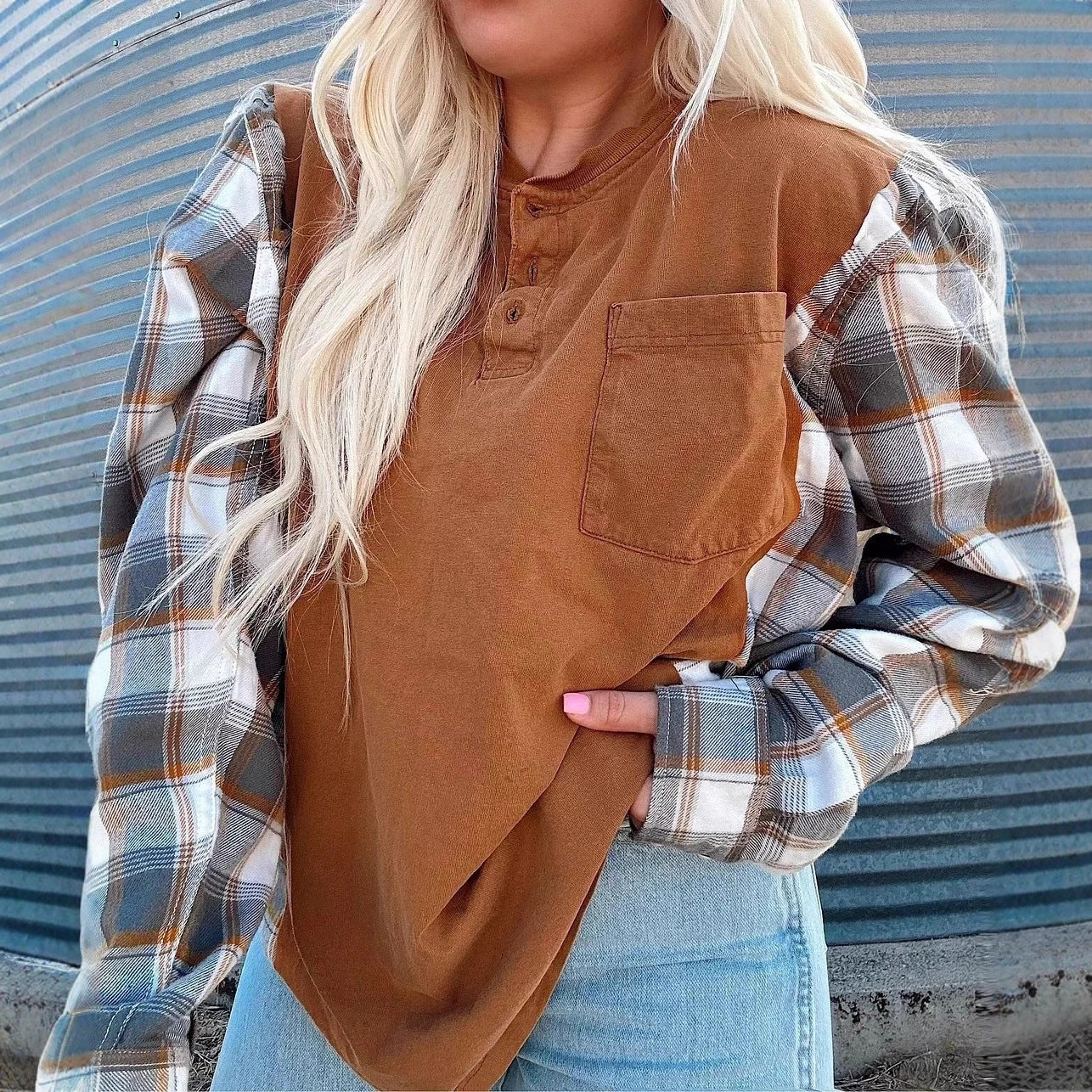 Damen Langarmshirt Karierte Ärmel Eveloria