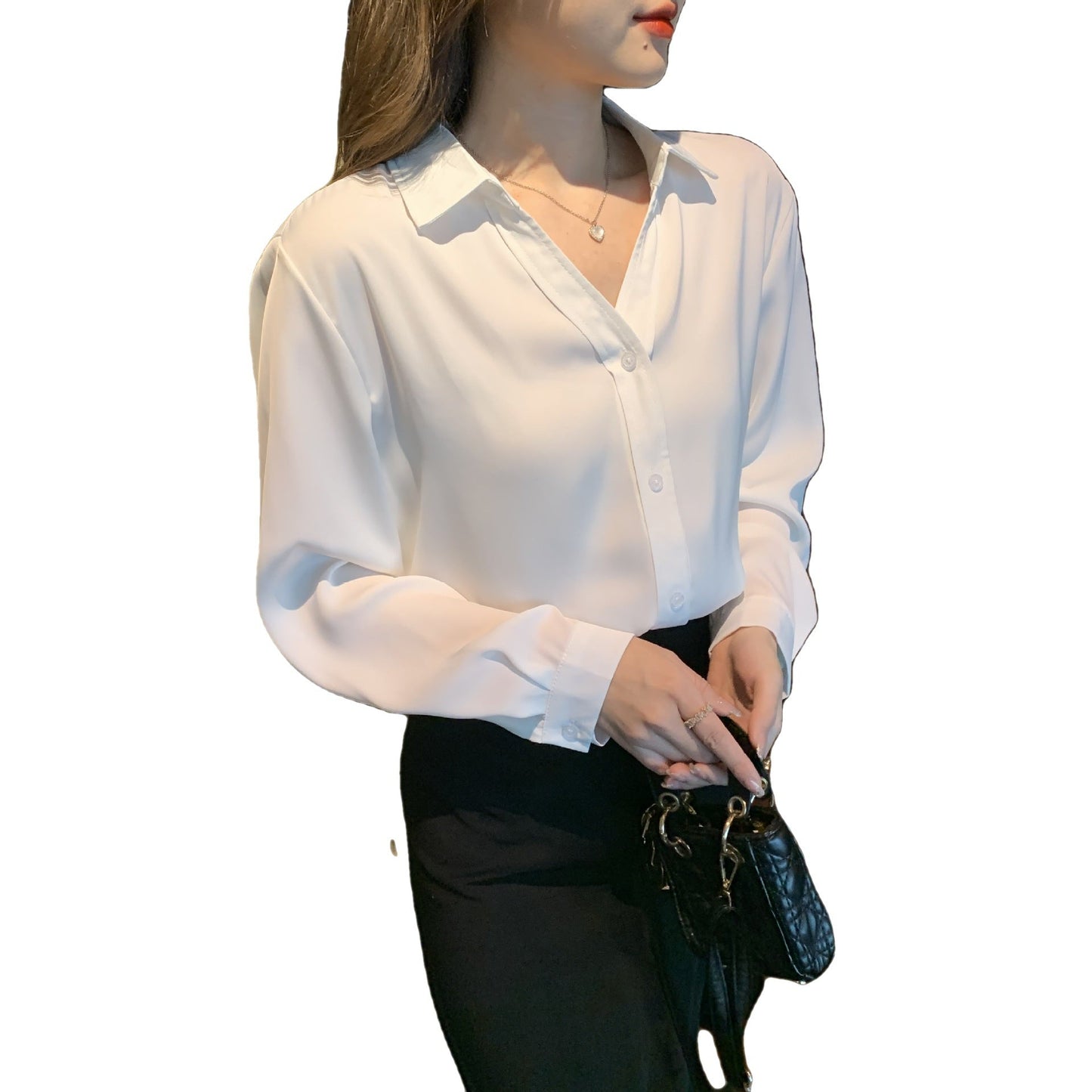 Damen Bluse Feiner Kragen Knopfverschluss Elegante Weiss