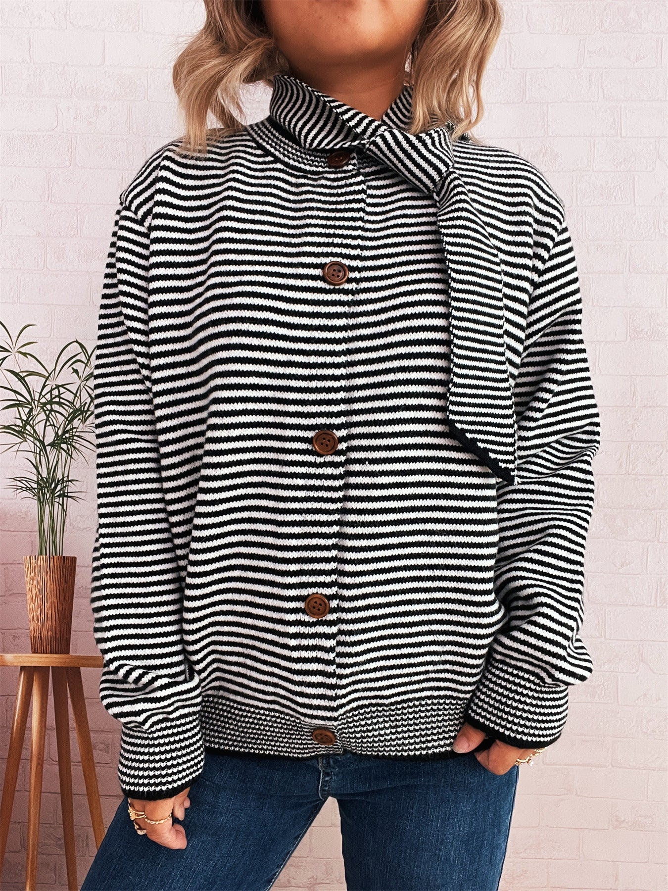Damen Strickcardigan Gestreift Hochkragen Dekorative Knöpfe