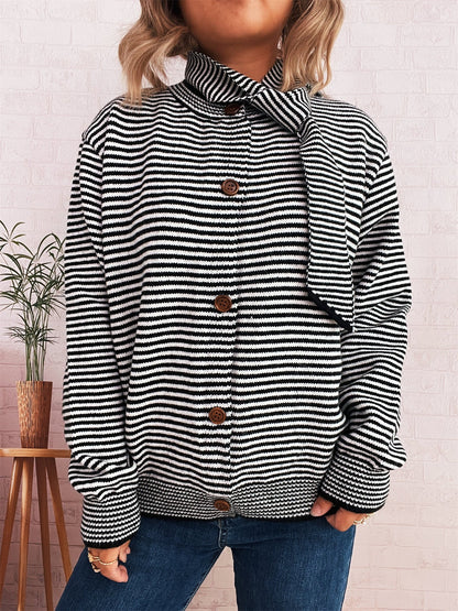 Damen Strickcardigan Gestreift Hochkragen Dekorative Knöpfe