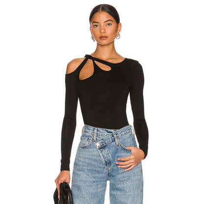 Damen Bodysuit Asymmetrischer Ausschnitt Lange Ärmel Schwarz Eveloria - Eveloria