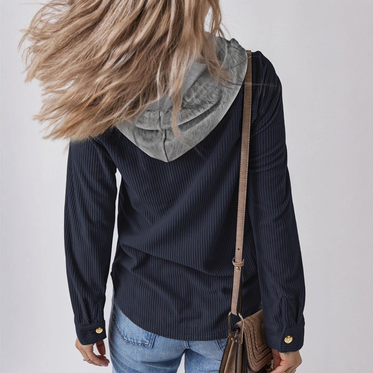 Damen Hemdjacke Gestreift Kapuze Taschen Eveloria