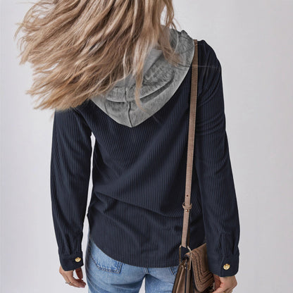 Damen Hemdjacke Gestreift Kapuze Taschen Eveloria