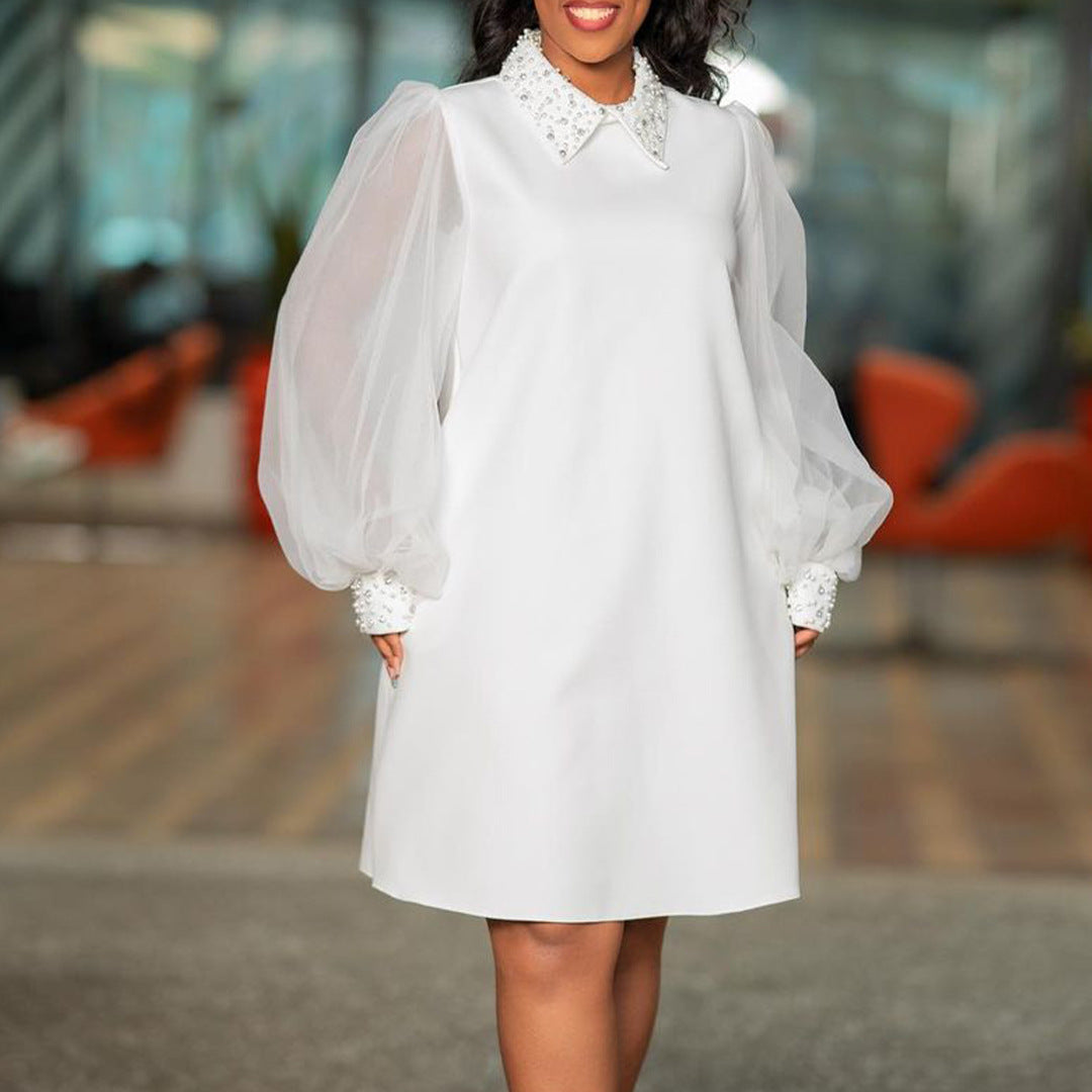 Damen Kleid mit Tüllärmeln und verziertem Kragen