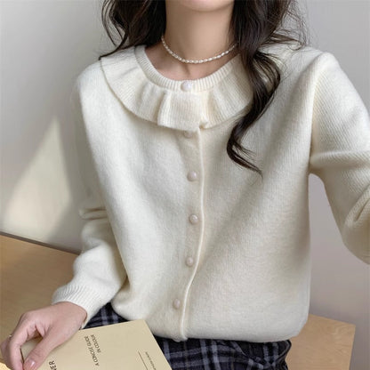 Damen Strickpullover Romantischer Rüschenkragen Feine Knöpfe