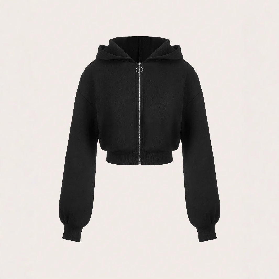 Damen Hoodie Cropped Mit Reißverschluss Voluminöse Ärmel Schwarz - Eveloria