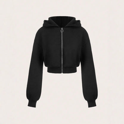 Damen Hoodie Cropped Mit Reißverschluss Voluminöse Ärmel Schwarz - Eveloria
