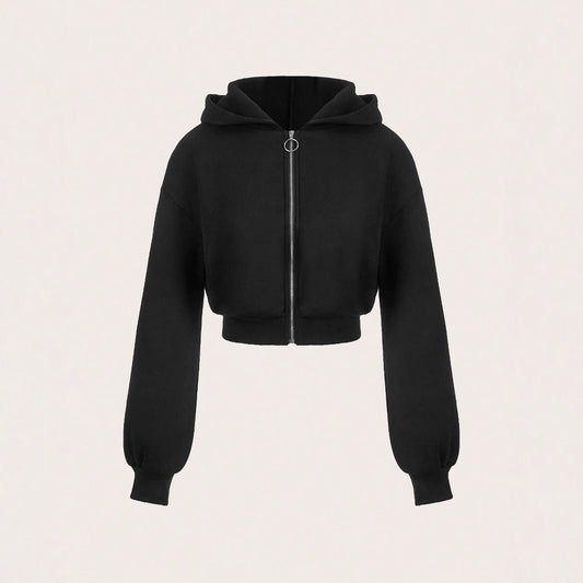 Damen Hoodie Cropped Mit Reißverschluss Voluminöse Ärmel Schwarz - Eveloria