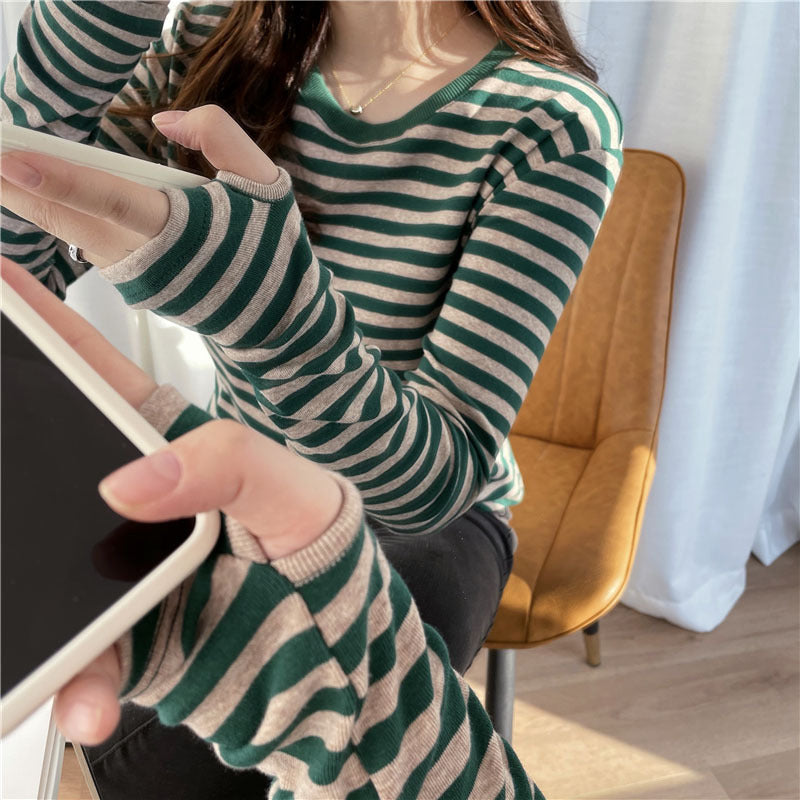 Damen Longsleeve-Shirt Streifenmuster Daumenlöcher Eveloria