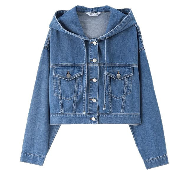 Damen Kurzjeansjacke mit Kapuze und Taschen Blau Eveloria