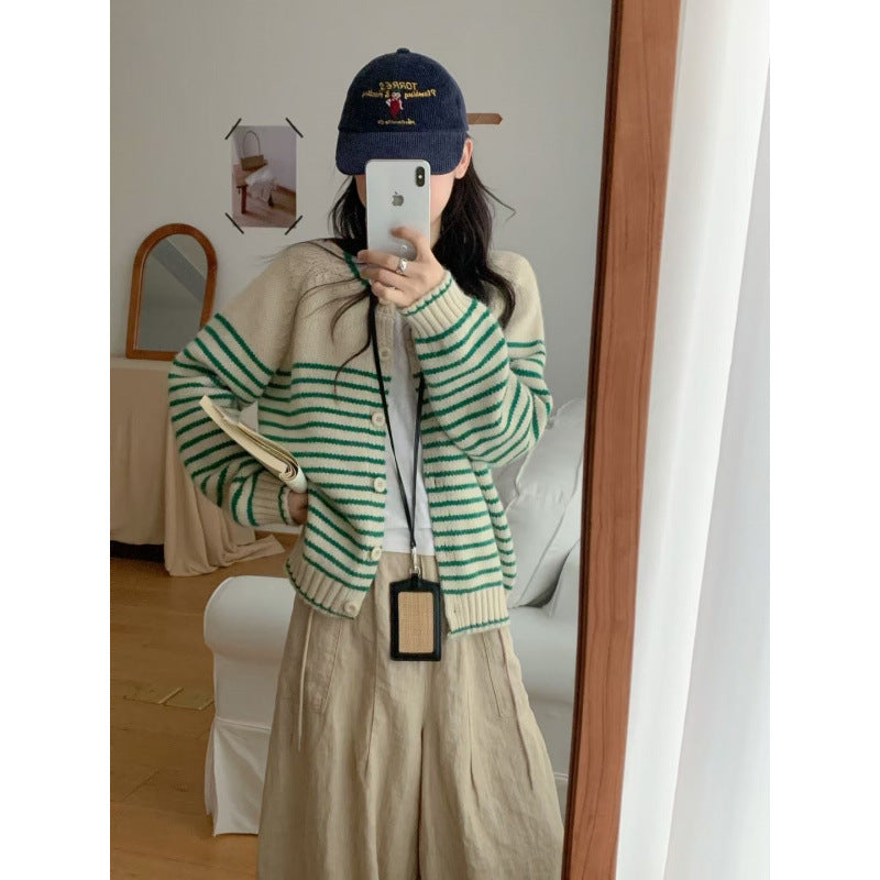 Damen Strickjacke Bunt Streifenmuster Knöpfe Eveloria