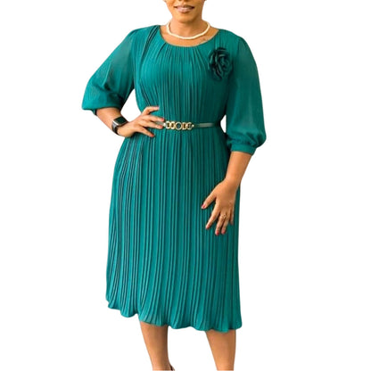 Damen Midi-Kleid Plissee Blumenapplikation Abnehmbarer Gürtel Eveloria