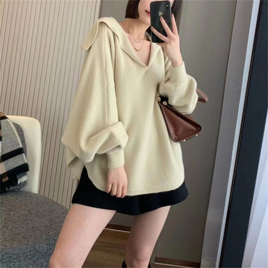 Damen Strickpullover Oversized V-Ausschnitt Kapuze Eveloria - Eveloria