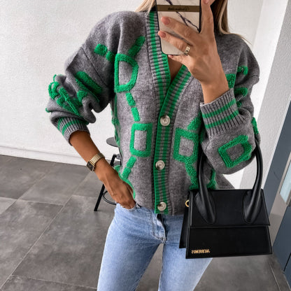 Damen Cardigan Gemustert Knopfverschluss Weite Ärmel Eveloria