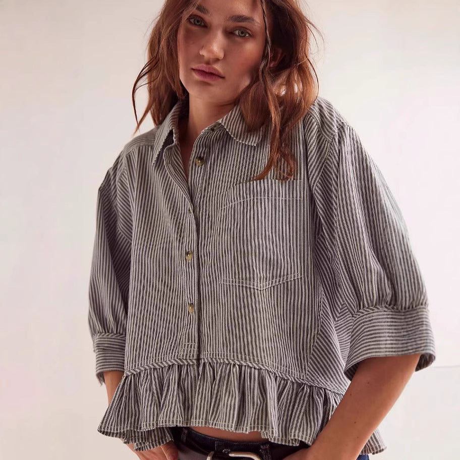 Damen Bluse Gestreift Volantabschluss Lässig
