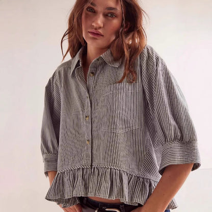 Damen Bluse Gestreift Volantabschluss Lässig