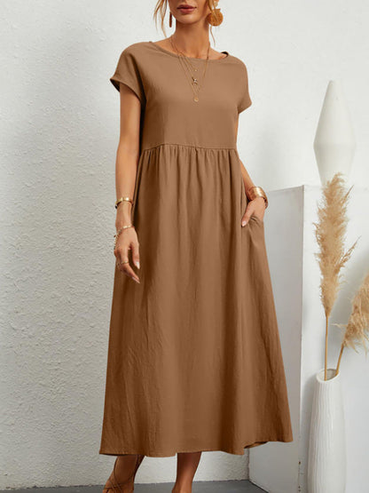 Eveloria Damen Midi-Kleid Ballonärmel mit Taschen
