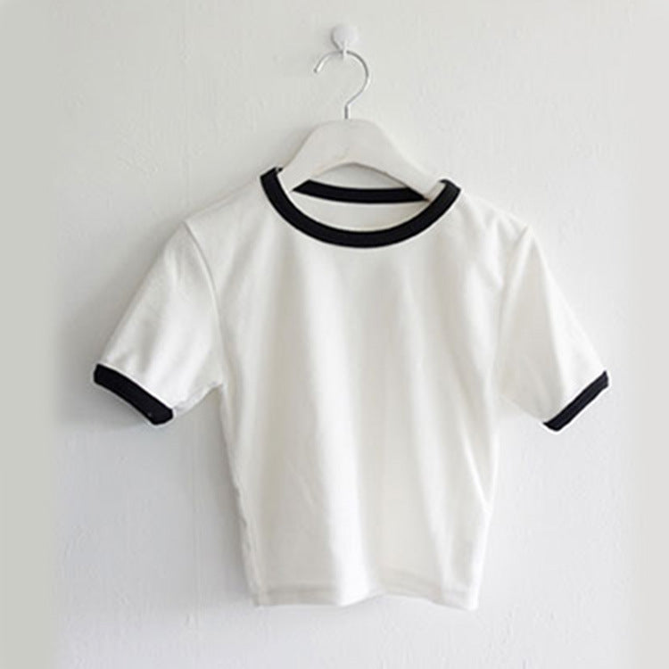Damen T-Shirt Cropped Baumwolle Lässiger Schnitt Kontrastärmele