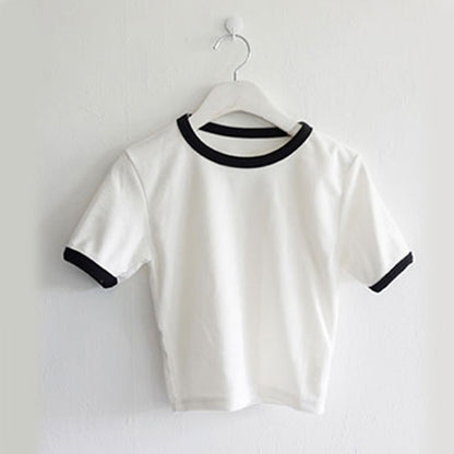 Damen T-Shirt Cropped Baumwolle Lässiger Schnitt Kontrastärmele
