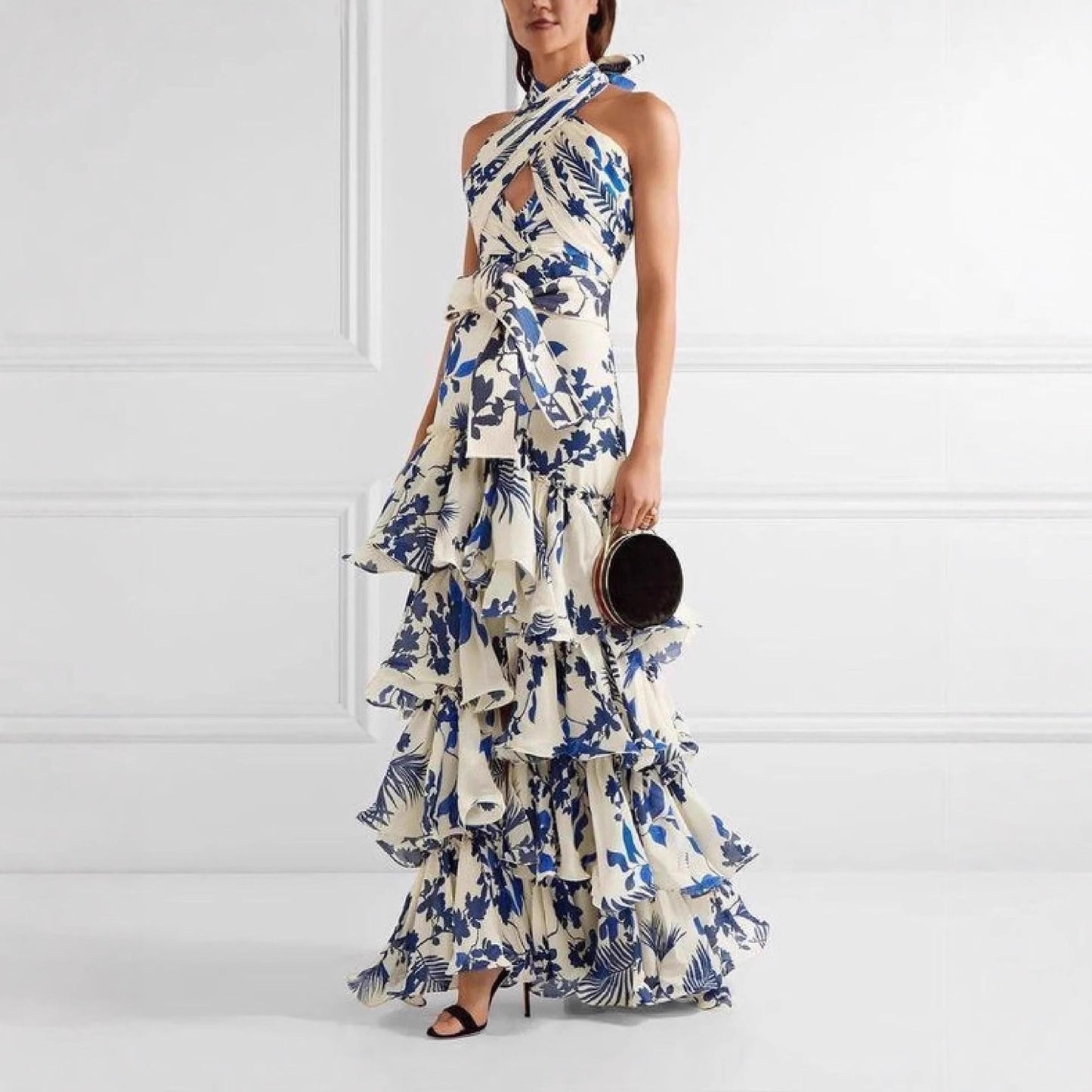 Damen Maxikleid Rüschen Floral Eveloria