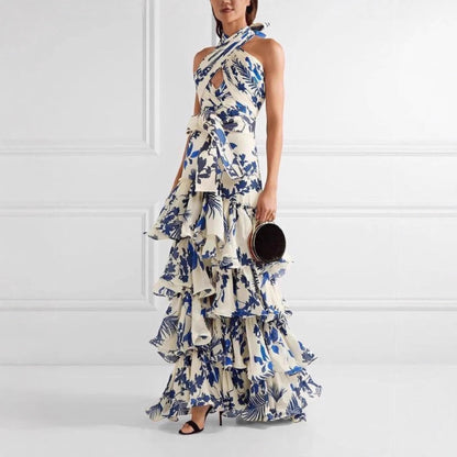 Damen Maxikleid Rüschen Floral Eveloria