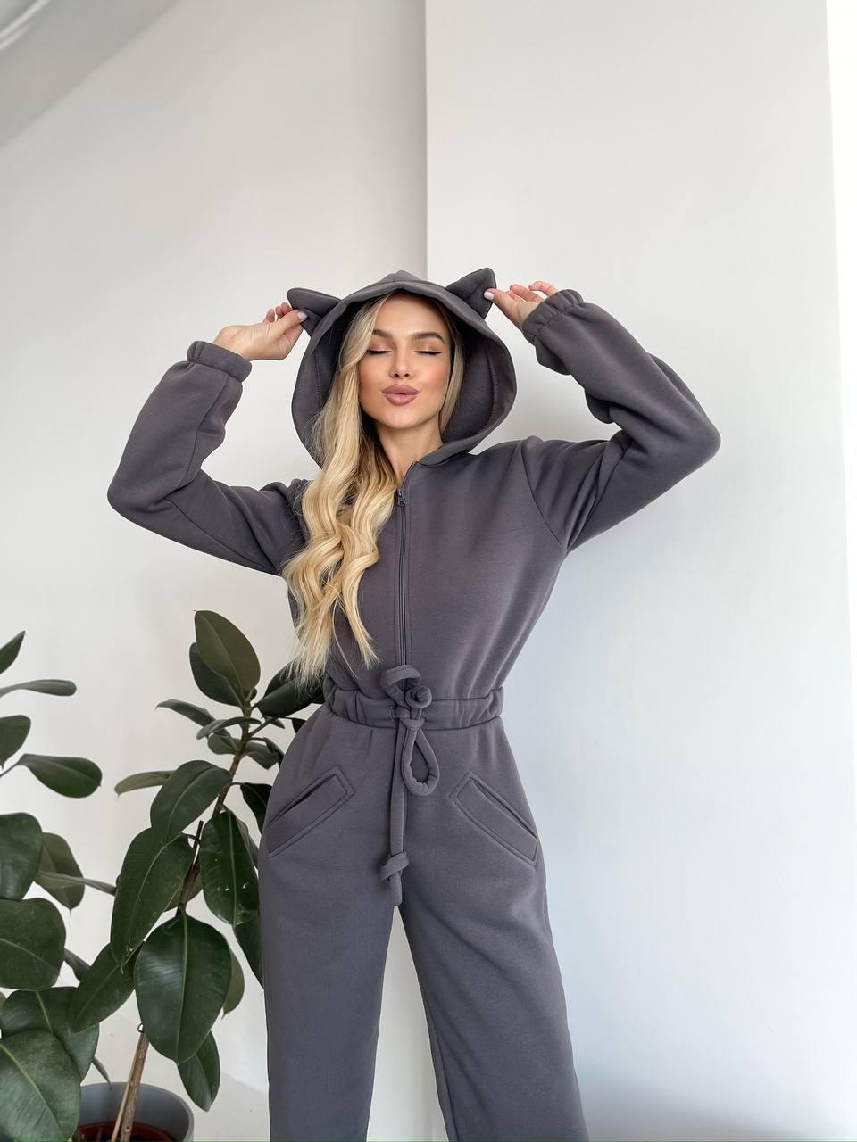 Damen Jumpsuit Kuschelig Känguru-Taschen Tierohren Grau