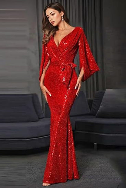 Damen Abendkleid Pailletten V-Ausschnitt Fließender Rock
