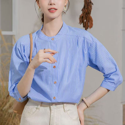 Damen Bluse Gestreift Stehkragen Elegante Weiß