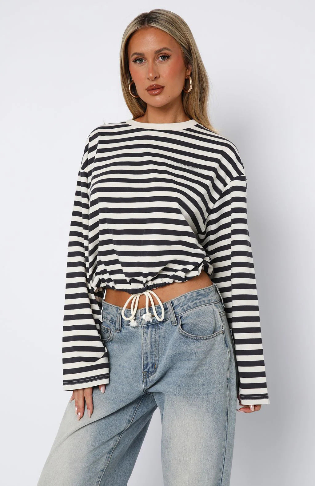 Damen Gestreiftes Crop- mit Kordelzug und Baumwolle Weiß-