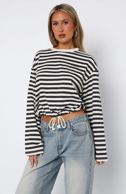 Damen Cropped Sweatshirt Streifen Elastisch Grau