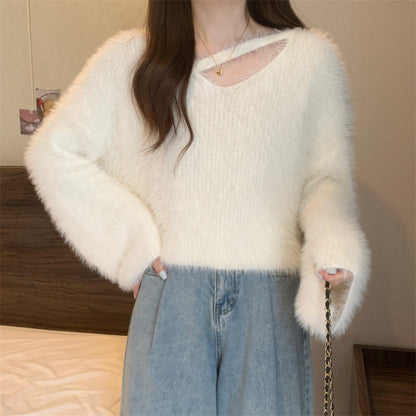 Damen Cropped Pullover Flauschig Weiches Strickmuster Grau