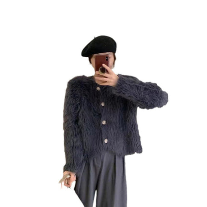 Damen Kurzjacke Flauschig Elegant Knöpfe Eveloria