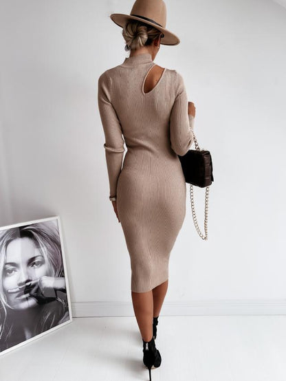 Damen Strickkleid Asymmetrischer Ausschnitt Länge Knie