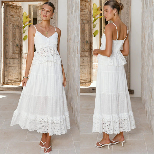 Damen Maxikleid Spitze Rüschenbesatz Eveloria - Eveloria